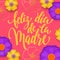 Mothers Day in Spanish greeting card of red flowers pattern and gold text Feliz dia de la Madre. Vector floral pink background for