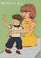 Mothers day. Young mother and little son. Retro cartoon illustration greeting card
