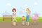 Mothers Walking with Their Kids in Amusement Park, Two Moms with Baby Carriage and Sons Resting on Nature Vector