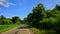 Motion along Curvy Road among Green Landscape past Car