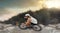 Motion blur of mountain bike man, action and bicycle speed adventure, freedom and fast race in nature course outdoors