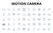 Motion camera linear icons set. Action, Adventure, Waterproof, Durability, Quality, Biking, Hiking vector symbols and