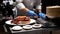 Motion of chef cutting roasted duck into a plate for customer