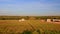 Motion Past Sunny Rural Landscape with Farmer Buildings