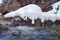 Motion of river water with snow on rocks