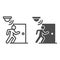 Motion sensor with walking man near door line and solid icon, smart home symbol, guard motion detection vector sign on