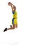 Motivated, concentrated young girl in motion, jumping with ball, playing basketball against white studio background