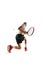 Motivated sportsman, tennis player during game, in motion with racket, playing isolated over white background. Sport