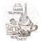 Motivating illustration with the phrase: Good morning. Outline sketch for the painting with a mug of coffee and a slice of cake