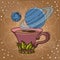 Motivating illustration with the phrase. Outline sketch for the painting with a mug of coffee and planets. Picture for design of