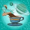 Motivating illustration with the phrase. Outline sketch for the painting with a mug of coffee, whale and planets. Picture for