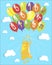 Motivation banner Follow your dream. Cute yellow smiling happy faces ghosts flying on colorful balloons in the blue sky