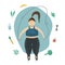 Motivation blue illustration. .Fatty woman with jump rope and vegetables. Overweight sport