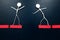 Motivation and courage concept. Human stick figures crossing a broken red bridge.