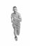 Motivational song. Man sportsman running with headphones. Runner handsome strong guy in motion isolated on white. Music