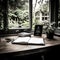 Motivational Workspace: Grayscale Desk with Inspiring Tools and Serene Garden View