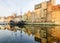 Motlawa River Embankment Dlugie Pobrzeze with the Black Pearl ship and St. Mary`s gate, Brama Mariacka, Gdansk, Poland