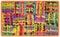 Motley checkered mat, rug ,doormat, carpet,napkin, tapestry with grunge striped colorful square elements and zigzag fringe