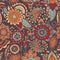 Motley oriental paisley seamless pattern with colorful buta motif and mehndi elements on dark background. Bright colored