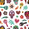 Motley seamless pattern with Mexican sugar skulls, Catrina`s face, flowers, maracas on white background. Day of The Dead