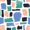 Motley seamless pattern with pink, black, blue and green brush strokes on white background. Modern backdrop with paint