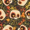 Motley seamless pattern with silhouettes of lovely cartoon human skulls with heart eyes, blooming flowers and cute