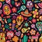 Motley seamless pattern with traditional Mexican Dia de los Muertos decorations on black background. Holiday backdrop