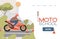 Moto school vector flat landing page template. Man riding on motor bike, learn rules to pass driving exams.