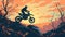 Motocross. Man, professional motorcyclist in full moto equipment riding crops enduro bike on mountain road at sunset