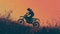 Motocross. Man, professional motorcyclist in full moto equipment riding crops enduro bike on mountain road at sunset