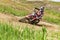 Motocross. Motorcyclist in a bend rushes along a dirt road, dirt flies from under the wheels. Close-up.