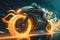 Motor bike on fire, speed concept, illustration generated by AI