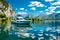 Motor boat in Lake beautiful Blue sky reflection outdoor Generated AI