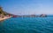 Motor boats parked at pier in Makarska city.