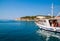 Motor boats parked at pier in Makarska city.