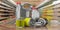 Motor fuel and oil filters and engine oil canisters, blur storage background. 3d illustration