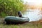 Motor rubber boat on the lake. The concept of fishing, recreation, leisure