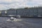 Motor ship `Meteor 143` on the river Neva opposite the Palace Embankment in St. Petersburg