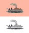 Motor ship with sailors. Seagoing vessel with steam smoke from the pipe, nautical marine sailboat. Water transport and