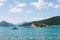 Motor yacht sails to the island of Otocic Gospa. Montenegro