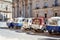 Motorbike carriages parked in the parade on the square of the cathedral of Ortigia