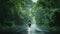 a motorbike driver navigating through the rain on a densely tree-lined road, the shimmering raindrops and lush