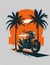 Motorbike illustration with beach and coconut trees. Ai Generated.