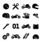 Motorbike, motorcycle race and spare parts vector icons