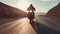 motorbike on the road riding, having fun driving the empty road on a motorcycle tour journey, copyspace for your