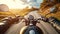 motorbike on the road riding, having fun driving the empty road on a motorcycle tour journey, copyspace for your