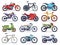 Motorbike set. Motorcycles and scooters, bikes and choppers. Speed race and delivery retro and modern vehicles flat