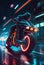 Motorbiker is riding a futuristic motorcycle on the night street concept