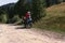 Motorbiker travelling, summer day, motorcycle off road, the driver with adventure, touring motorbike with side bags, extreme