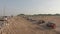 Motorbikes and cars waiting in both ways on bamboo bridge over sandbars